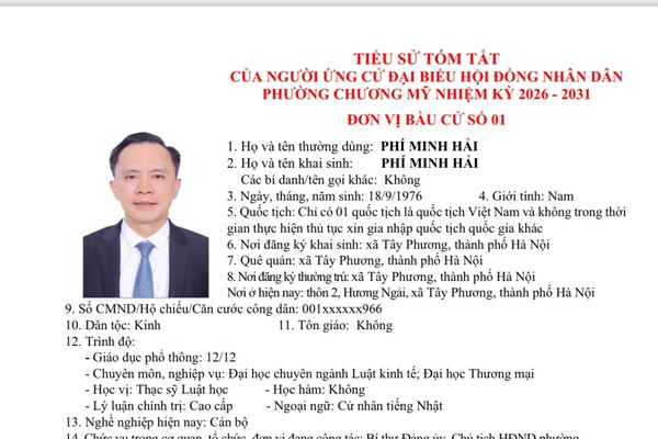 TIỂU SỬ TÓM TẮT CỦA NGƯỜI ỨNG CỬ ĐẠI BIỂU HỘI ĐỒNG NHÂN DÂN PHƯỜNG CHƯƠNG MỸ NHIỆM KỲ 2026 - 2031