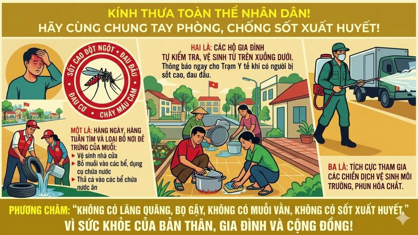 Vì sức khỏe của bản thân, gia đình và cộng đồng, hãy cùng chung tay phòng, chống bệnh sốt xuất huyết, góp phần xây dựng môi trường sống an toàn, sạch đẹp và không có dịch bệnh