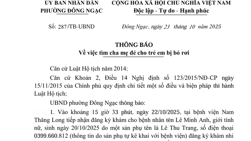 THÔNG BÁO 
Về việc tìm cha mẹ đẻ cho trẻ em bị bỏ rơi