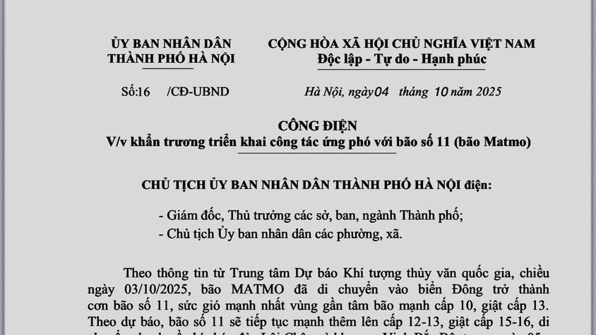Công điện của UBND Thành phố Hà Nội về việc ứng phó với cơn bão số 11