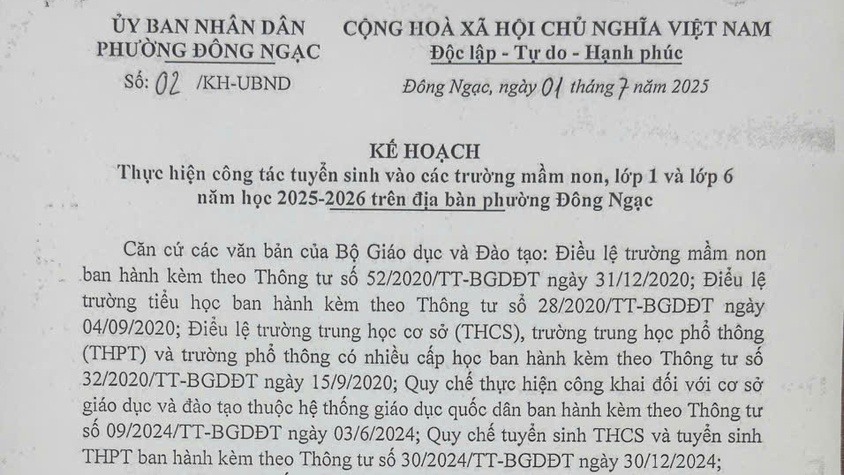 UBND phường Đông Ngạc xây dựng Kế hoạch thực hiện công tác tuyển sinh vào các trường mầm non, lớp 1 và lớp 6 năm học 2025-2026 trên địa bàn phường Đông Ngạc. 