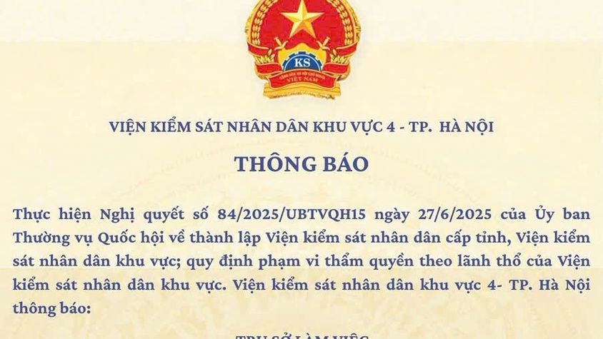Thông báo của Viện Kiểm soát Nhân dân khu vực 4 - Thành phố Hà Nội