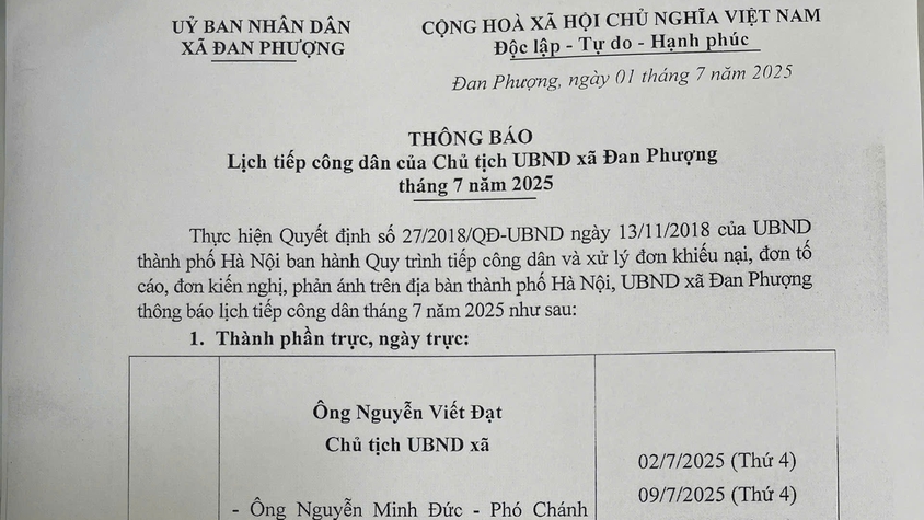 Thông báo về lịch tiếp công dân của Chủ tịch UBND xã Đan Phượng tháng 7 năm 2025