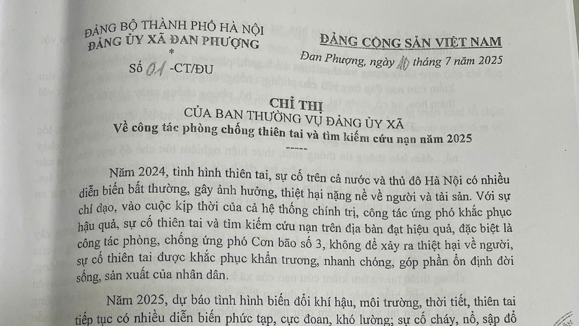 Chỉ thị của Ban thường vụ Đảng ủy xã về công tác phòng chống thiên tai và cứu nạn 2025