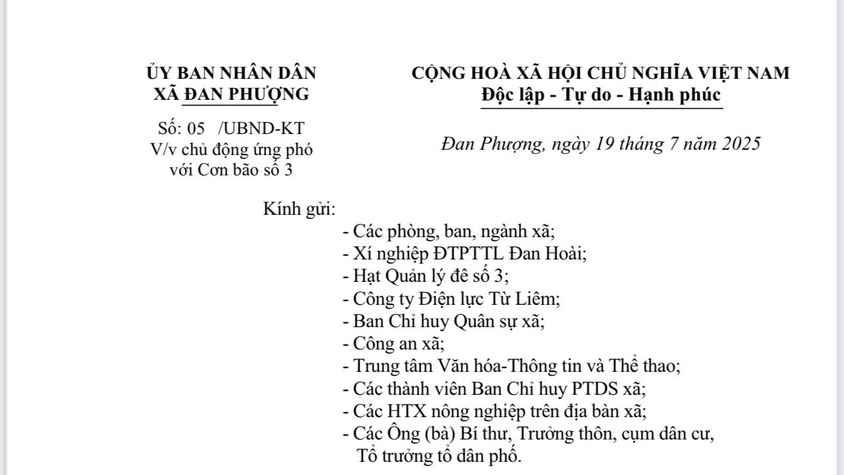 UBND xã Đan Phượng ban hành công văn về việc chủ động ứng phó với Cơn bão số 3