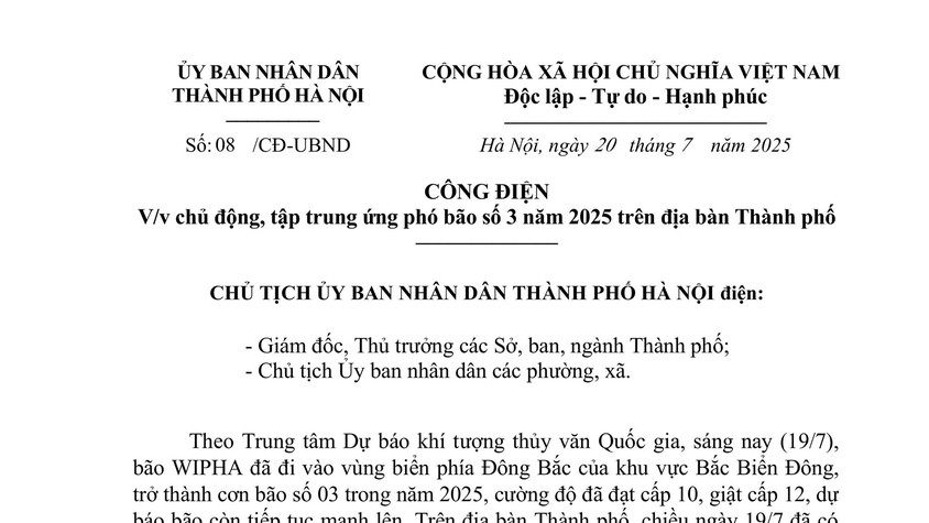 CÔNG ĐIỆN  
V/v chủ động, tập trung ứng phó bão số 3 năm 2025 trên địa bàn Thành phố