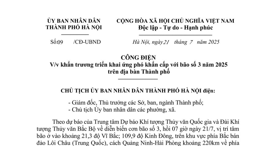 CÔNG ĐIỆN  số 09 
V/v khẩn trương triển khai ứng phó khẩn cấp với bão số 3 năm 2025 trên địa bàn Thành phố 