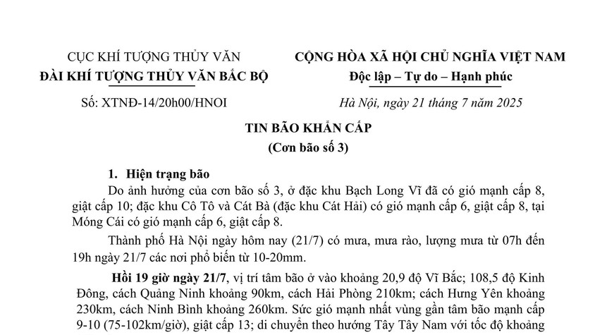 TIN BÃO KHẨN CẤP 
(Cơn bão số 3)    