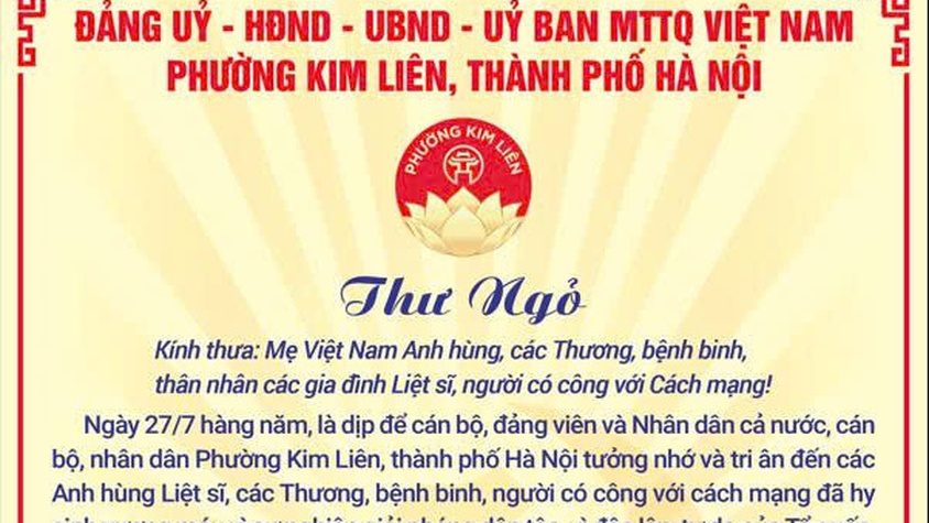 THƯ NGỎ: ĐẢNG ỦY – UBND – HĐND – ỦY BAN MẶT TRẬN TỔ QUỐC VIỆT NAM PHƯỜNG KIM LIÊN