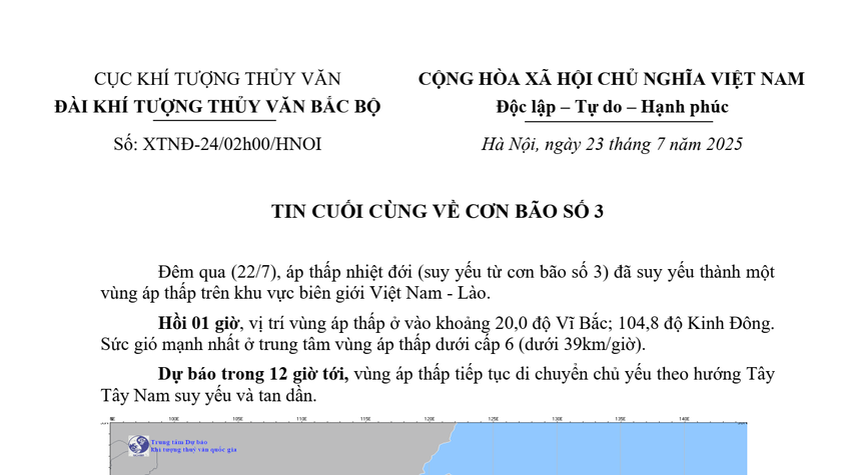 Tin cuối cùng về cơn bão số 3