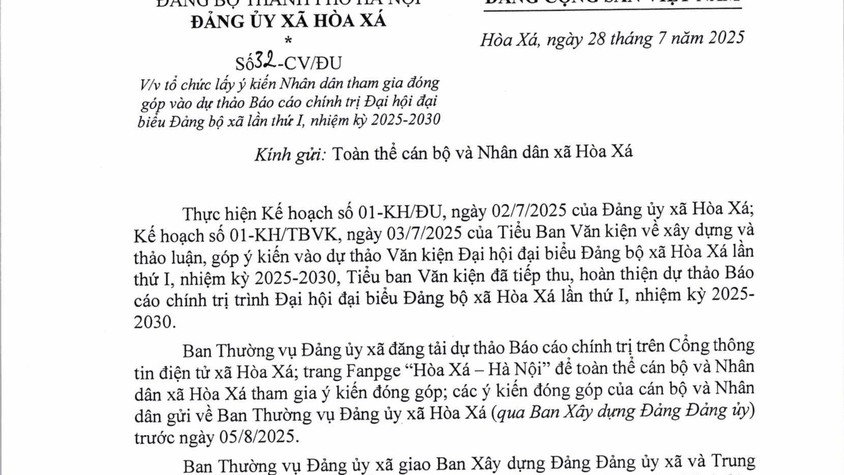 Giới thiệu Dự thảo Báo cáo chính trị trình Đại Hội Đảng bộ xã Hoà Xá lần thứ I, nhiệm kỳ 2025 - 2030