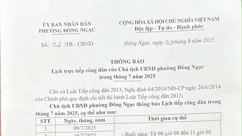 Thông báo lịch trực tiếp công dân của Chủ tịch UBND phường Đông Ngạc trong tháng 7 năm 2025.