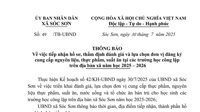 THÔNG BÁO TIẾP NHẬN HỒ SƠ THẨM ĐỊNH ĐÁNH GIÁ, LỰA CHỌN ĐƠN VỊ ĐĂNG KÝ NGUYÊN LIỆU, THỰC PHẨM, SUẤT ĂN TẠI CÁC TRƯỜNG HỌC CÔNG LẬP NĂM HỌC 2025 - 2026
