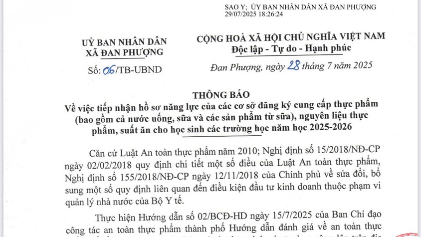 Thông báo về việc tiếp nhận hồ sơ năng lực của các cơ sở đăng ký cung cấp thực phẩm
