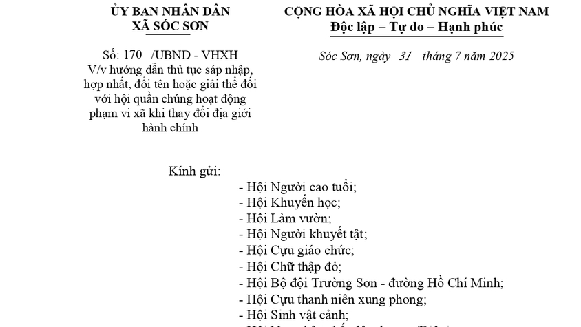 HƯỚNG DẪN THỦ TỤC SÁP NHẬN, HỢP NHẤT, ĐỔI TÊN HOẶC GIẢI THỂ ĐỐI VỚI HỘI QUẦN CHÚNG HOẠT ĐỘNG PHẠM VI XÃ KHI THAY ĐỔI ĐỊA GIỚI HÀNH CHÍNH