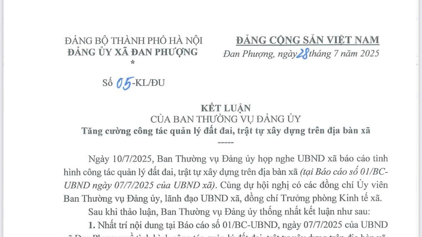 Kết luận số 05-KL/ĐU của Ban Thường Vụ Đảng Ủy về việc tăng cường công tác quản lý đất đai trật tự xây dựng trên địa bàn xã