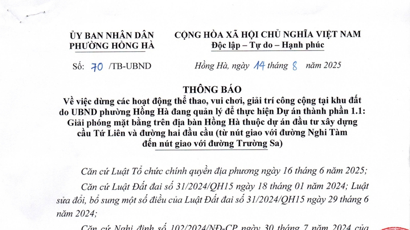 Thông báo về việc dừng các hoạt động thể thao, vui chơi, giải trí công cộng tại khu đất do UBND phường Hồng Hà đang quản lý để thực hiện Dự án thành phần 1.1