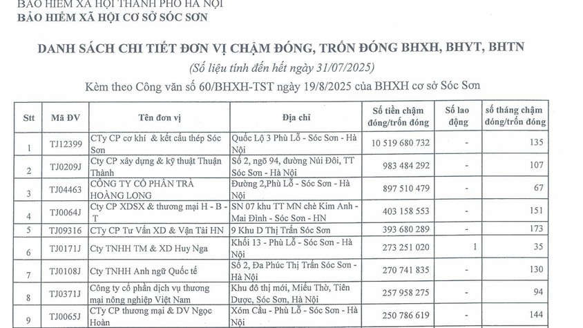 DANH SÁCH CÁC ĐƠN VỊ CHẬM ĐÓNG BẢO HIỂM XÃ HỘI TRÊN ĐỊA BÀN XÃ SÓC SƠN
