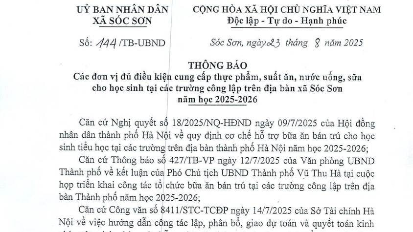 THÔNG BÁO CÁC ĐƠN VỊ ĐỦ ĐIỀU KIỆN CUNG CẤP THỰC PHẨM, SUẤT ĂN BÁN TRÚ, SỮA, NƯỚC UỐNG CHO HỌC SINH CÁC TRƯỜNG CÔNG LẬP TRÊN ĐỊA BÀN XÃ SÓC SƠN