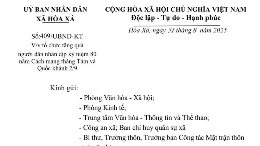 UBND xã Hoà Xá triển khai các văn bản, thông báo về việc tặng quà của Nhà nước cho nhân dân nhân dịp Cách mạng tháng Tám thành công và Quốc Khánh 2/9