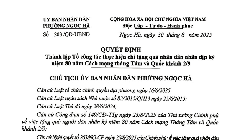 Phường Ngọc Hà thành lập 3 Tổ công tác thực hiện chi quà tặng nhân dân dịp Quốc khánh 2/9