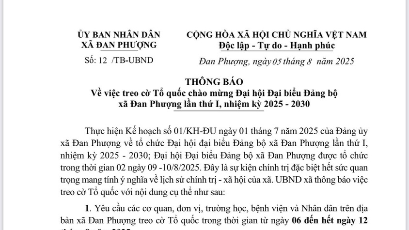 Thông báo về việc treo cờ Tổ quốc chào mừng Đại hội Đại biểu Đảng bộ xã Đan Phượng lần thứ I, nhiệm kỳ 2025-2030