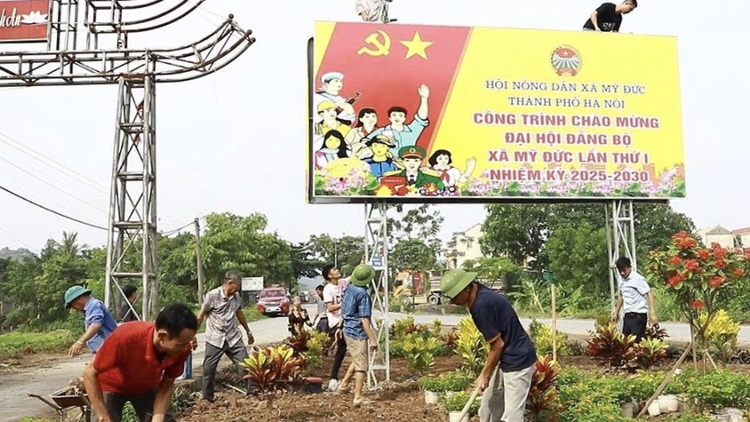 Hội Nông dân Mỹ Đức xây dựng vườn hoa và pa-nô chào mừng Đại hội Đảng