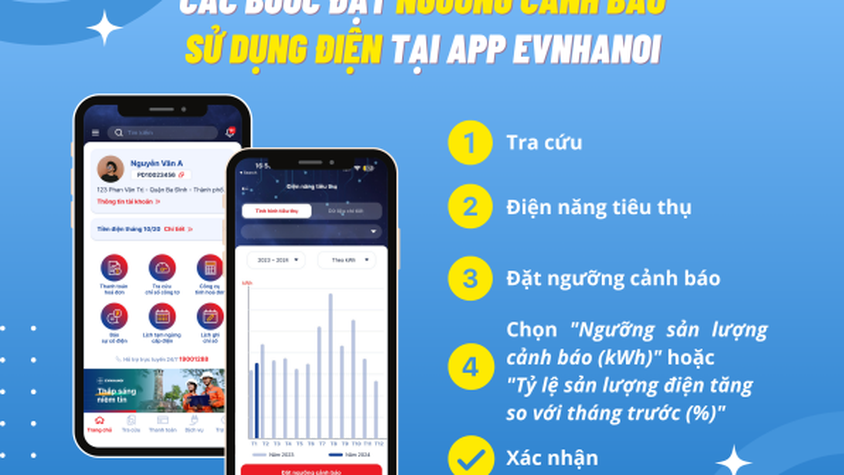 Chủ động kiểm soát mức tiêu thụ điện với tính năng “Đặt ngưỡng cảnh báo” trên App EVNHANOI