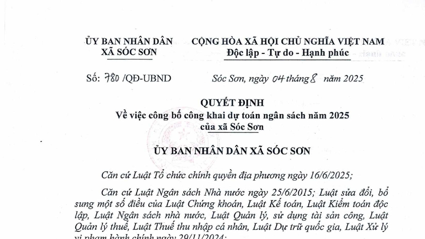 QUYẾT ĐỊNH CÔNG BỐ CÔNG KHAI DỰ TOÁN NGÂN SÁCH XÃ SÓC SƠN NĂM 2025