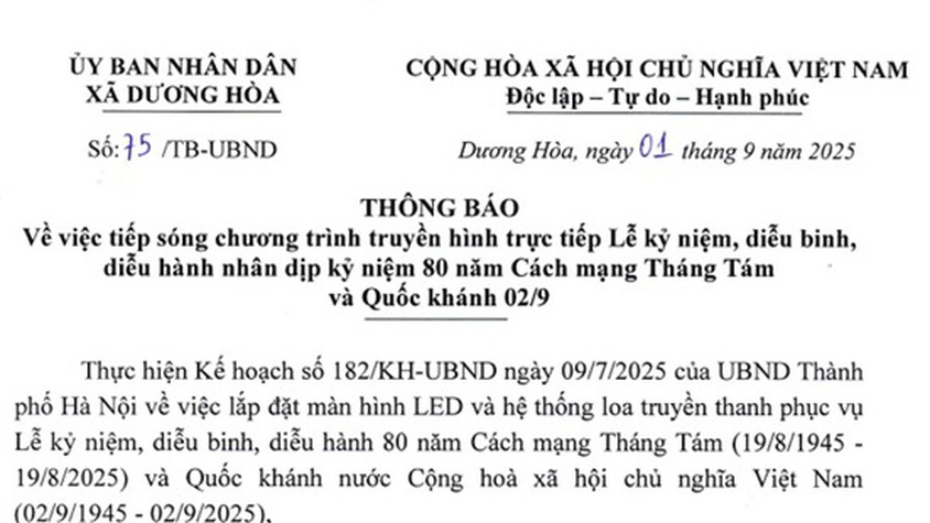 Về việc tiếp sóng chương trình truyền hình trực tiếp Lễ kỷ niệm, diễu binh, diễu hành nhân kỷ niệm 80 năm Cách mạng Tháng Tám và Quốc khánh 02/9