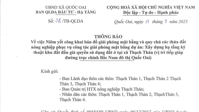 THÔNG BÁO Về việc niêm yết công khai bản đồ giải phóng mặt bằng và quy chủ các thửa đất nông nghiệp phục vụ công tác giải phóng mặt bằng dự án 
