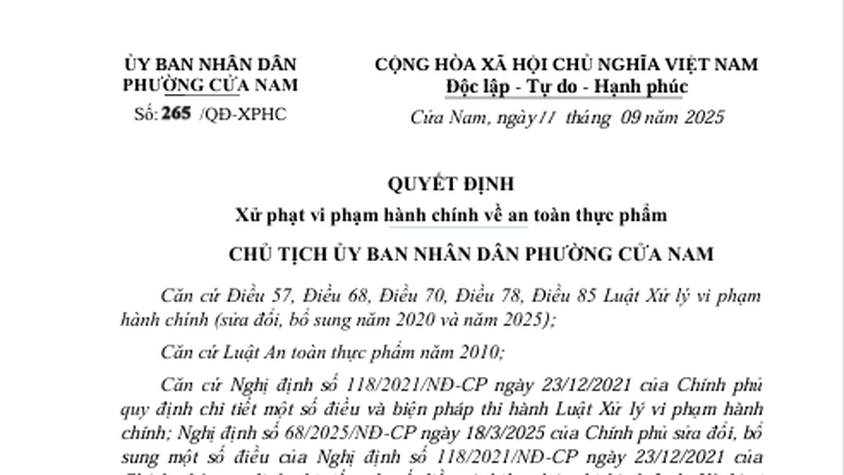 QUYẾT ĐỊNH: Xử phạt vi phạm hành chính về an toàn thực HỘ KINH DOANH TƯỜNG VIÊN