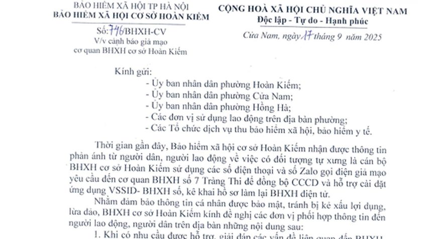 CẢNH BÁO GIẢ MẠO CƠ QUAN BHXH CƠ SỞ HOÀN KIẾM