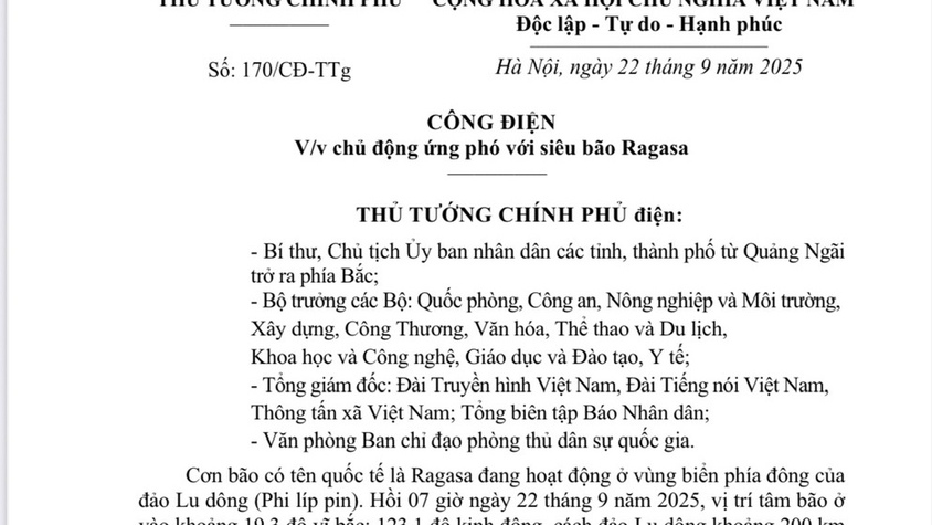 Công điện của Thủ tướng Chính Phủ về việc chủ động ứng phó với siêu bão Ragasa