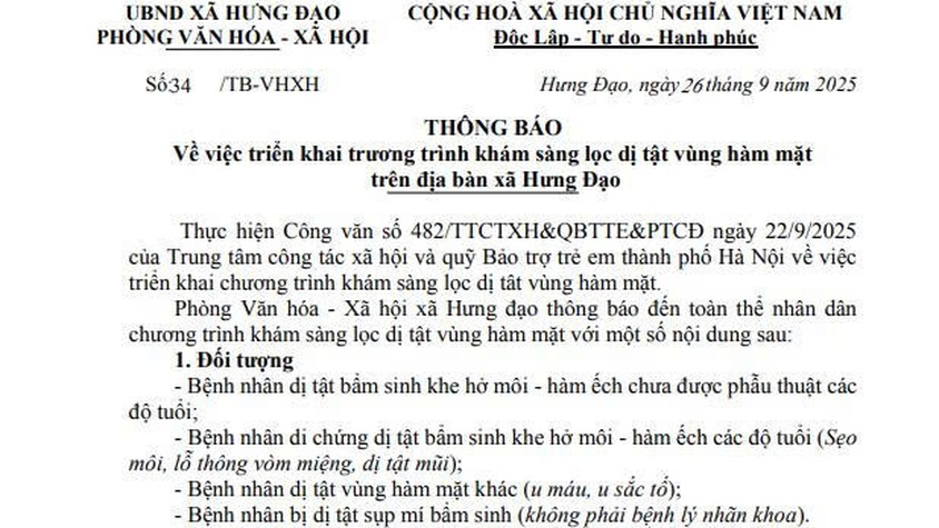 THÔNG BÁO
Về việc triển khai chương trình khám sàng lọc dị tật vùng hàm mặt trên địa bàn xã Hưng Đạo