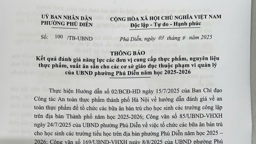 Thông báo kết quả đánh giá năng lực các đơn vị cung cấp thực phẩm, nguyên liệu thực phẩm, suất ăn sẵn cho các cơ sở giáo dục thuộc phạm vi quản lý của UBND phường Phú Diễn năm học 2025 - 2026