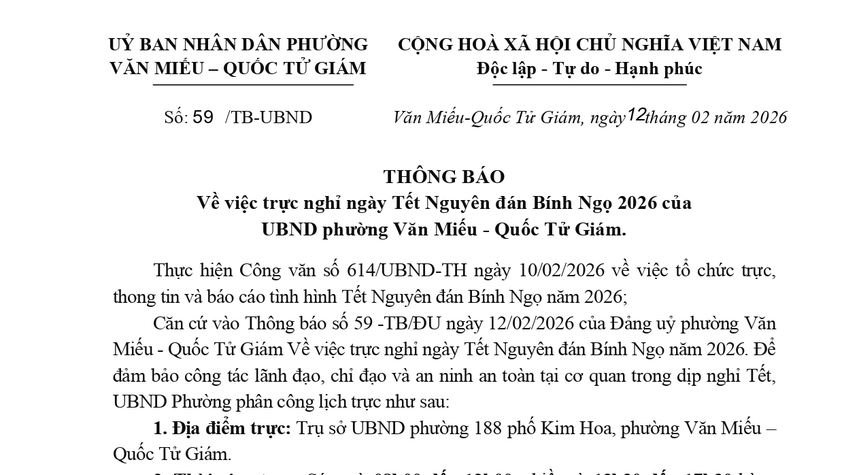 Phường Văn Miếu – Quốc Tử Giám chủ động triển khai công tác trực Tết Nguyên đán Bính Ngọ 2026 bảo đảm tình hình an ninh trật tự xã hội