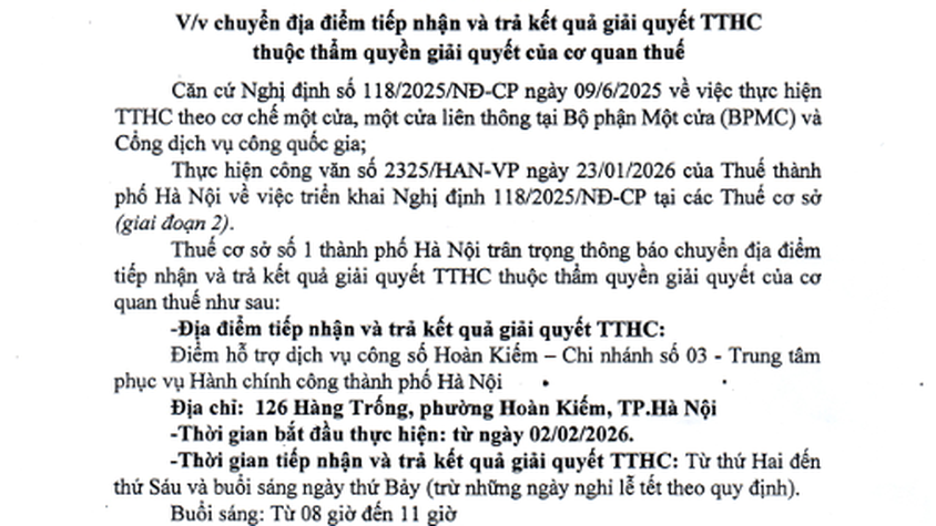 Thông báo chuyển địa điểm tiếp nhận và trả kết quả giải quyết TTHC thuộc thẩm quyền lĩnh vực thuế