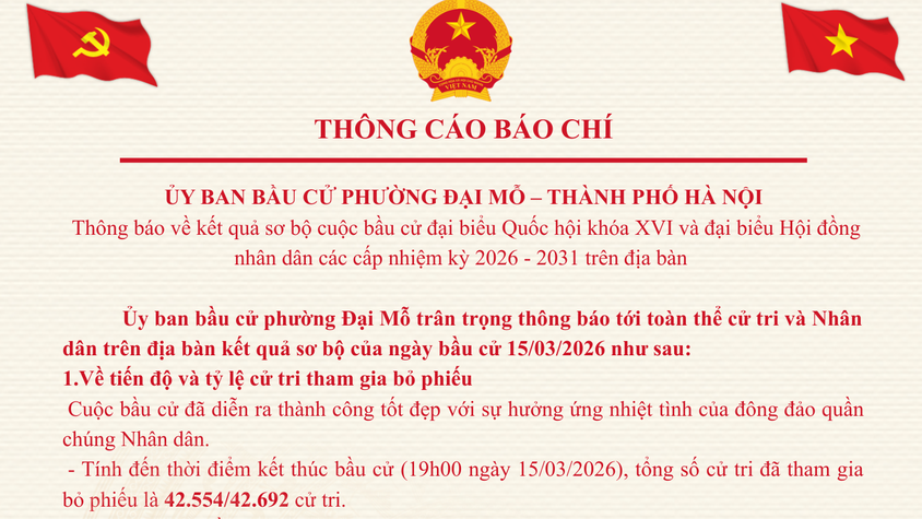 Thông cáo báo chí của Ủy ban Bầu cử phường Đại Mỗ về kết quả cuộc bầu cử đại biểu Quốc hội khóa XVI và đại biểu Hội đồng nhân dân các cấp nhiệm kỳ 2026-2031 trên địa bàn phường