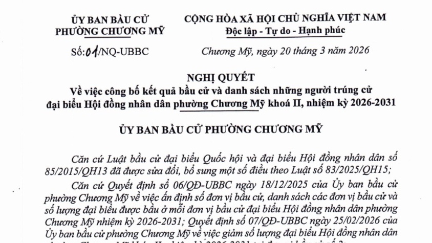 Chương Mỹ công bố kết quả bầu cử và danh sách những người trúng cử đại biểu HĐND phường Chương Mỹ khóa II, nhiệm kỳ 2026 - 2031