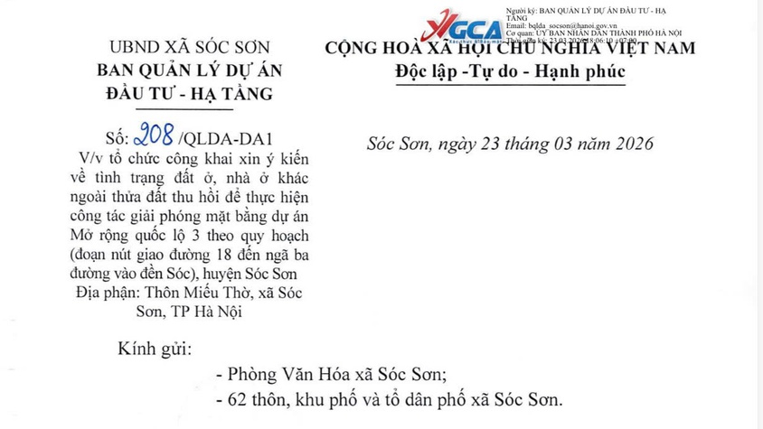 Xã Sóc Sơn tổ chức công khai xin ý kiến về tình trạng đất ở, nhà ở khác ngoài thửa đất thu hồi để thực hiện công tác giải phóng mặt bằng dự án mở rộng quốc lộ 3 theo quy hoạch.