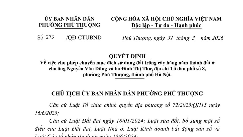 Phường Phú Thượng công khai quyết định về việc cho phép chuyển mục đích sử dụng đất trồng cây hàng năm thành đất ở cho ông Nguyễn Văn Dũng và bà Đinh Thị Thư, địa chỉ Tổ dân phố số 8, phường Phú Thượng, thành phố Hà Nội