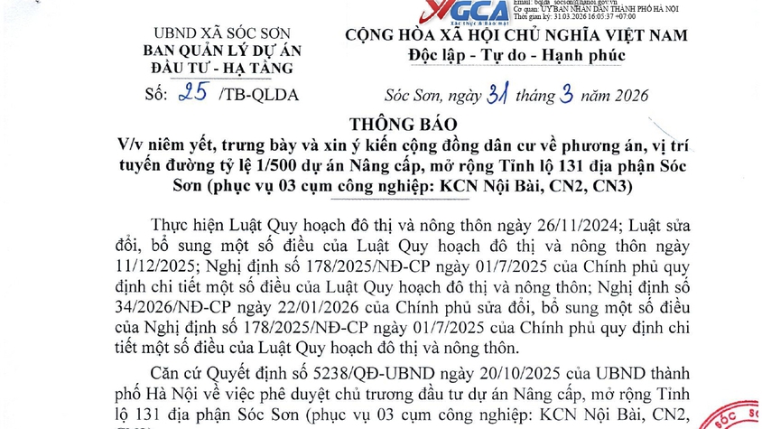 Niêm yết, trưng bày và xin ý kiến cộng đồng dân cư về phương án, vị trí tuyến đường tỷ lệ 1/500 dự án Nâng cấp, mở rộng Tỉnh lộ 131 địa phận xã Sóc Sơn (phục vụ cụm công nghiệp: KCN Nội Bài, CN2, CN3).