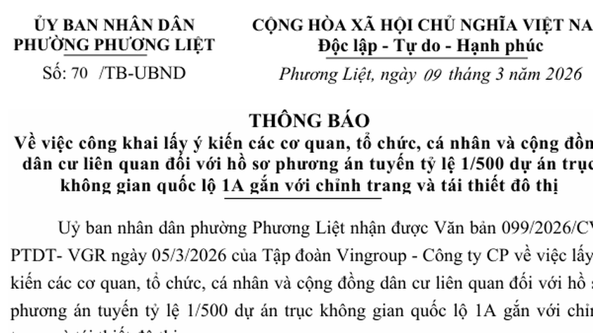 Thông báo công khai lấy ý kiến các cơ quan, tổ chức, cá nhân và cộng đồng dân cư liên quan đối với hồ sơ phương án tỷ lệ 1/500 dự án trục không gian quốc lộ 1A gắn với chỉnh trang và tái thiết đô thị