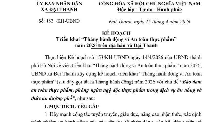 Kế hoạch số 182/KH-UBND ngày 15/4/2026 của UBND xã Đại Thanh về việc triển khai 
