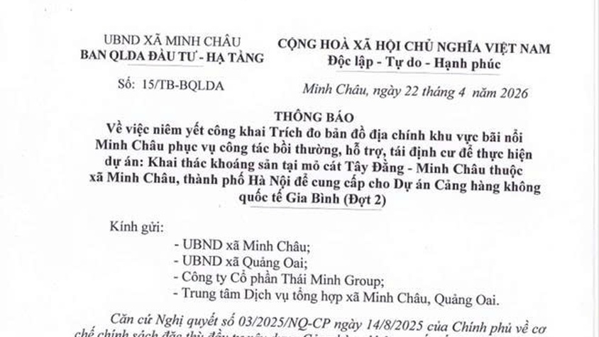 Thông báo của Ban QLDA Đầu tư - Hạ tầng xã Minh Châu: Về việc niêm yết công khai Trích đo bản đồ địa chính khu vực bãi nổi Minh Châu.