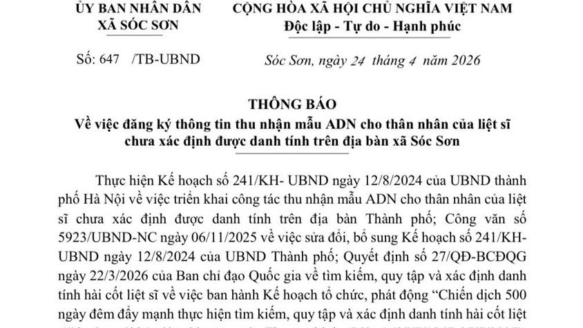 XÃ SÓC SƠN TRIỂN KHAI ĐĂNG KÝ THU NHẬN MẪU  ADN CHO THÂN NHÂN LIỆT SĨ CHƯA XÁC ĐỊNH DANH TÍNH.
