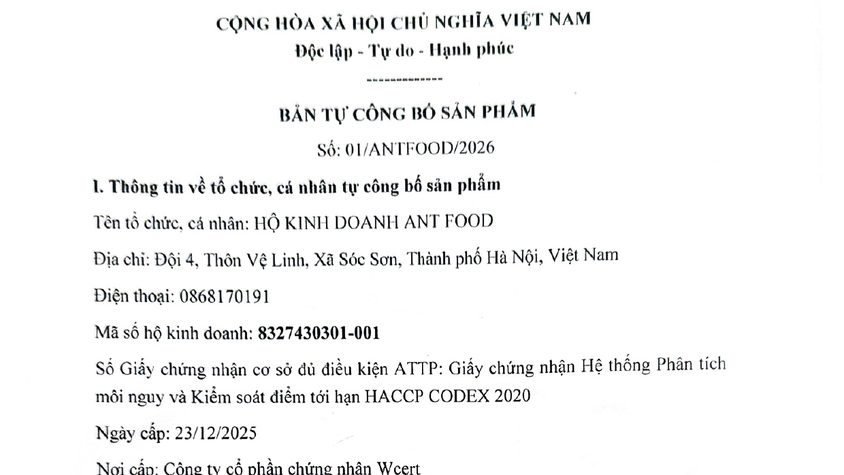 HỘ KINH DOANH ANT FOOD CÔNG KHAI BẢN TỰ CÔNG BỐ CHẤT LƯỢNG SẢN PHẨM