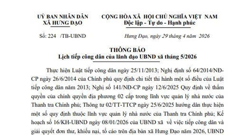 Lịch tiếp công dân của lãnh đạo UBND xã Hưng Đạo tháng 5/2026