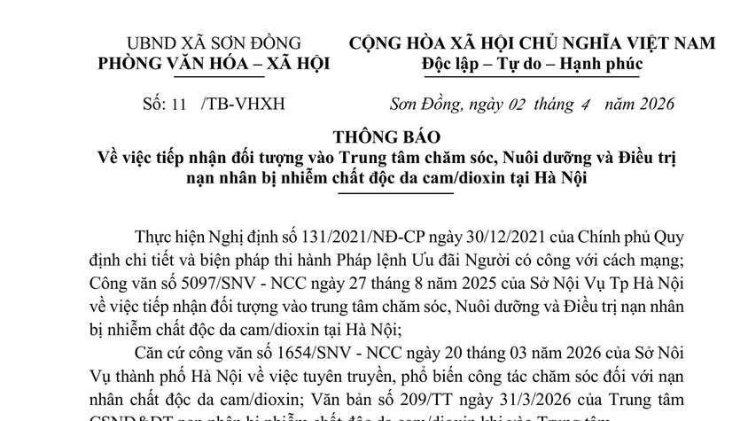 Thông báo tiếp nhận đối tượng vào Trung tâm chăm sóc, nuôi dưỡng và điều trị nạn nhân nhiễm chất độc da cam/dioxin tại Hà Nội